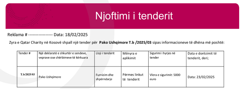Njoftim për tender: "Pako Ushqimore"